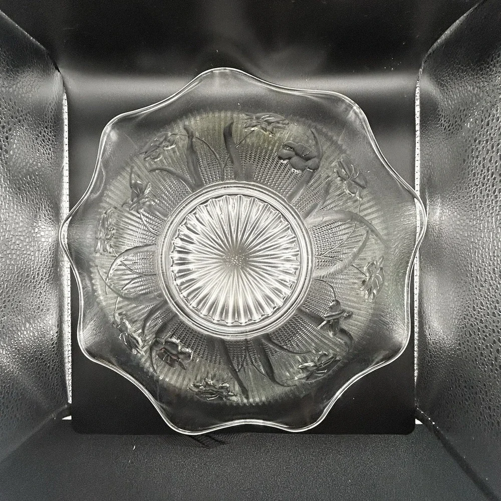 Herring Bone and Iris Depression Glass Fruit Seving Bowl Scalloped Edge 11